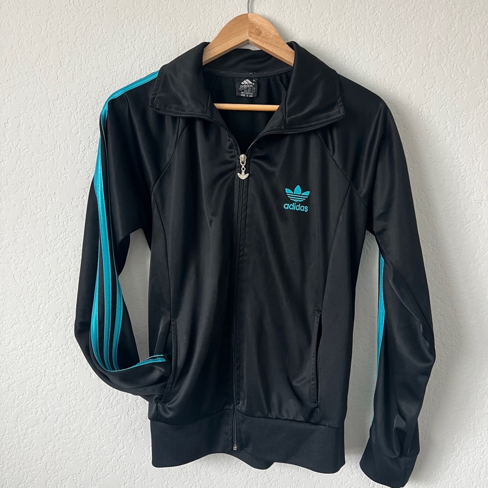 Adidas Youth Black Track Jacket with Teal Stripes